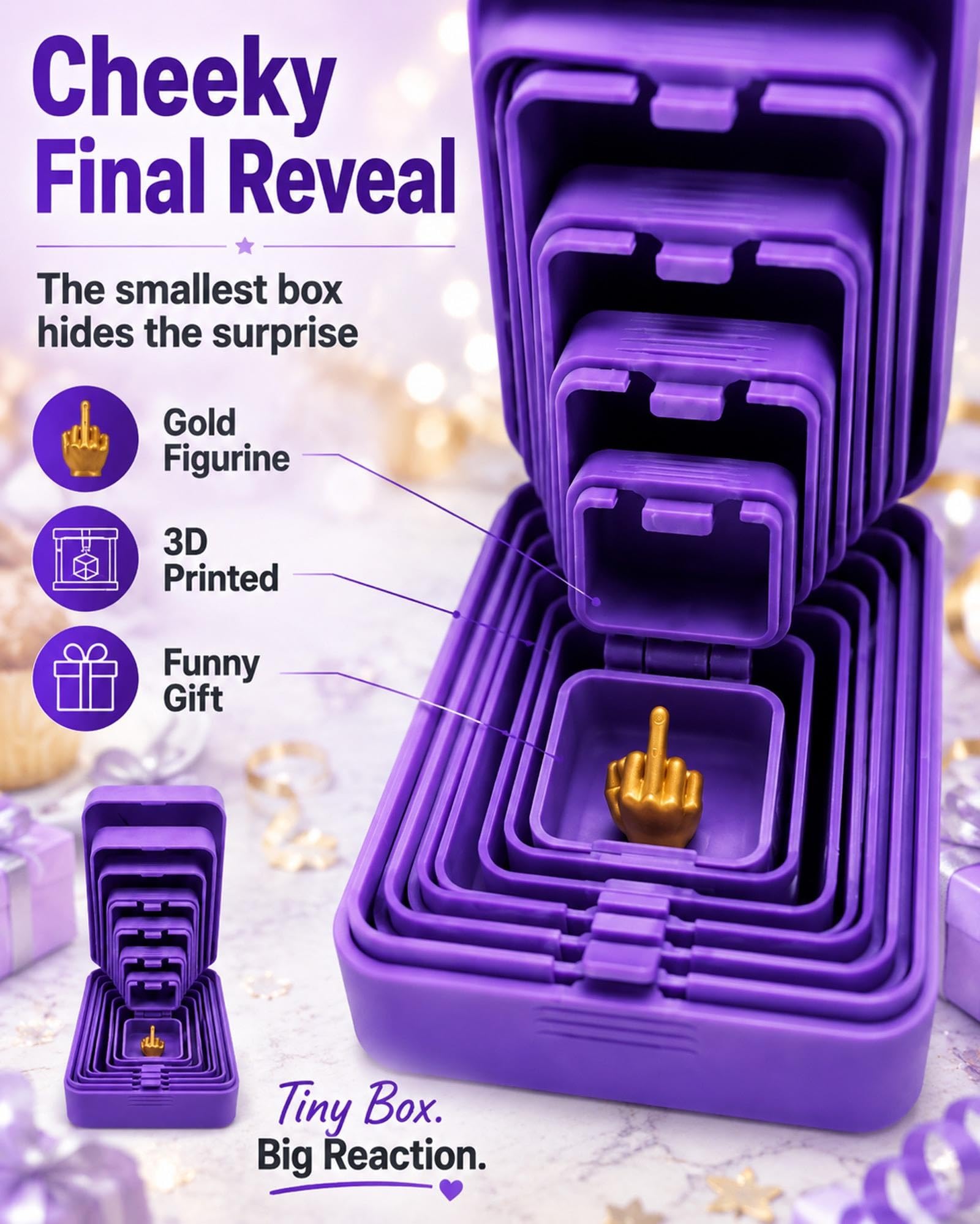 Close-up of the smallest purple prank box revealing a gold-colored middle-finger figurine