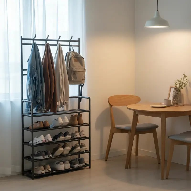 Freestanding entryway coat rack and 5-tier shoe organizer in a modern home