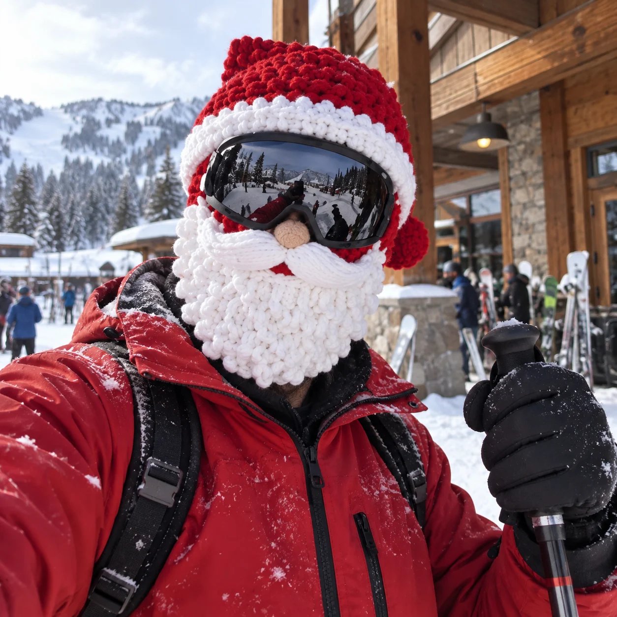 Customer photo of a Santa knit ski mask worn with goggles outside a snowy lodge Customer photo of a Santa knit ski mask worn with goggles outside a snowy lodge