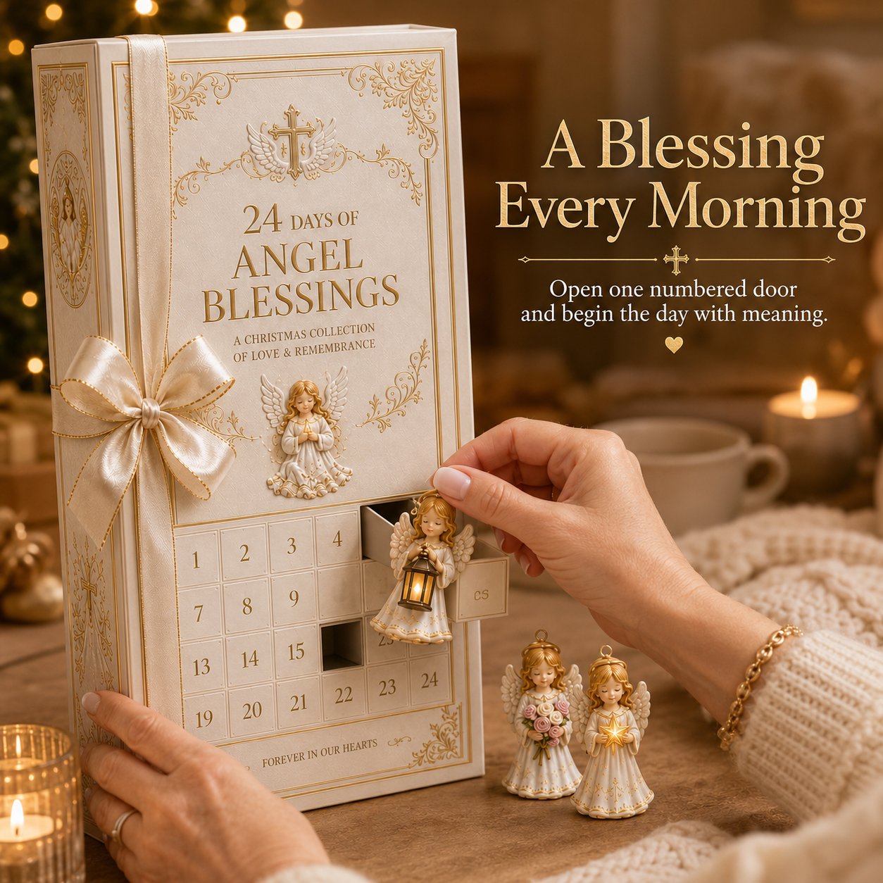Hands opening a numbered compartment in the angel Advent calendar and removing an ornament