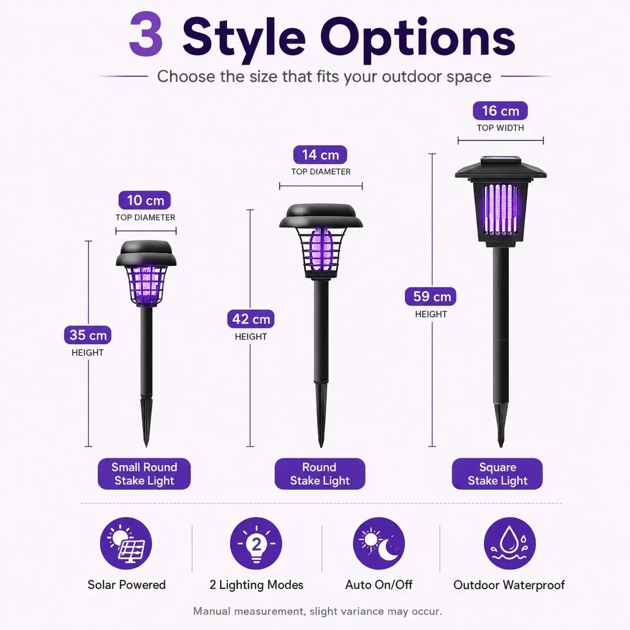 Three available style options: Small Round, Round, and Square Stake Lights with dimensions Three available style options: Small Round, Round, and Square Stake Lights with dimensions