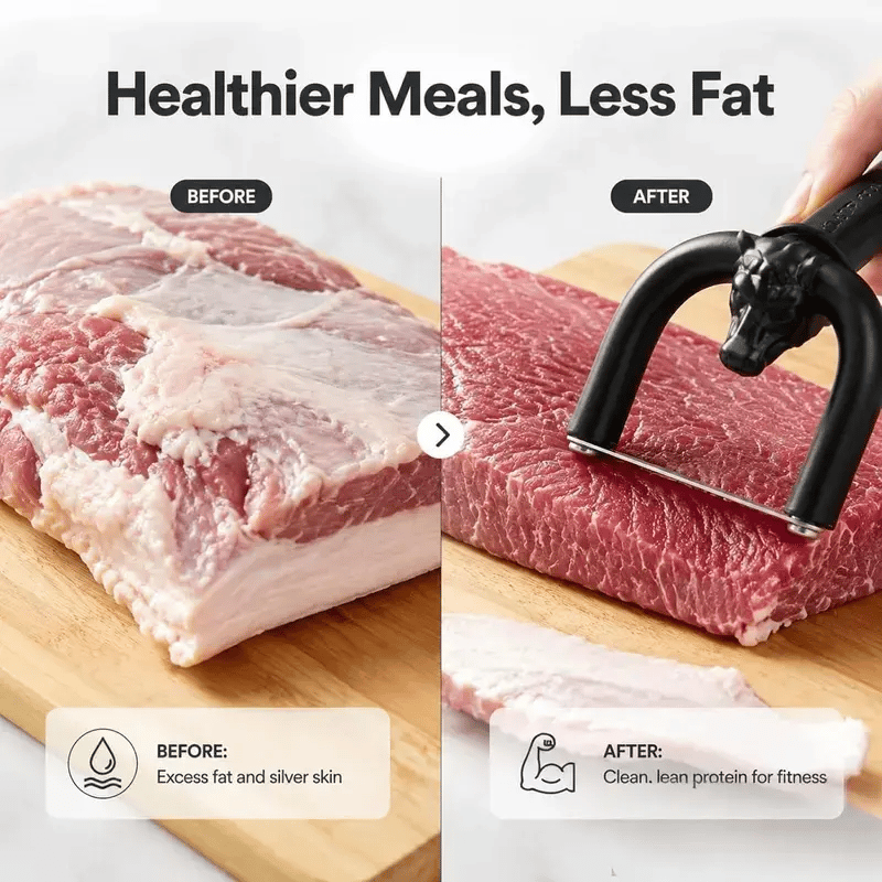Handheld meat fat trimmer in use