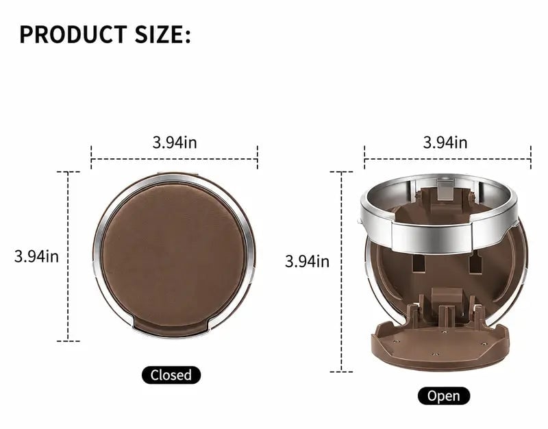 Product size diagram showing the cup holder closed and opened at 3.94 inches