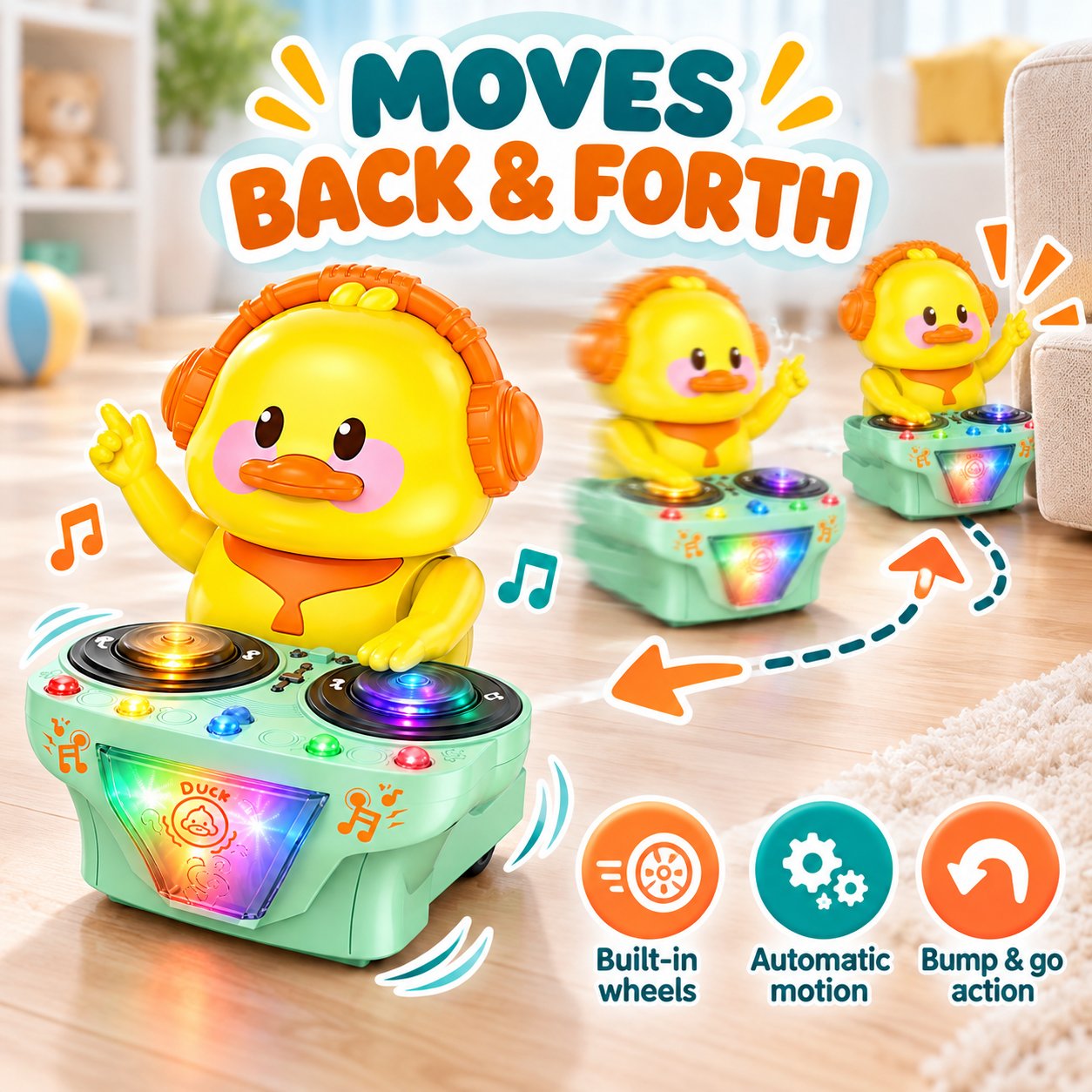 Wheeled DJ duck toy moving across a floor with arrows showing automatic back-and-forth and bump-and-go motion