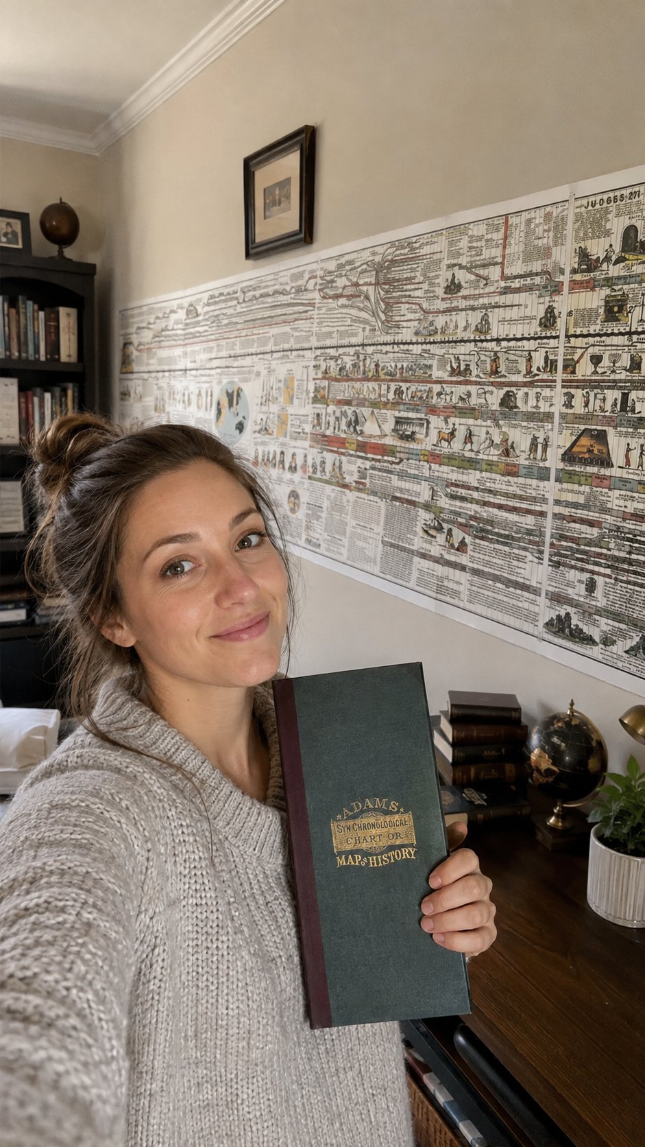 Customer studying the unfolded illustrated history timeline at a wooden desk