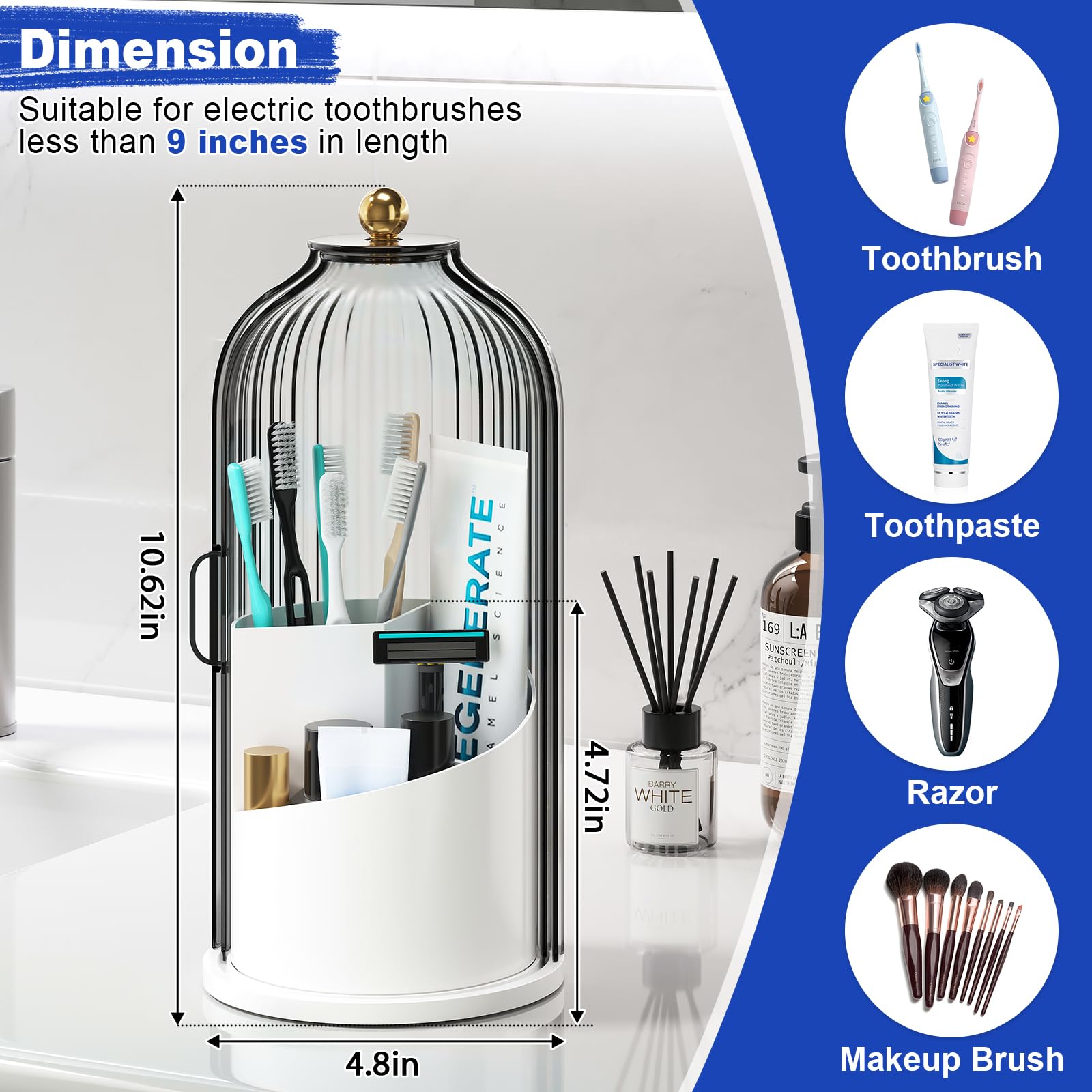 Rotating toothbrush holder dimensions of 10.62 inches high and 4.8 inches wide with storage examples
