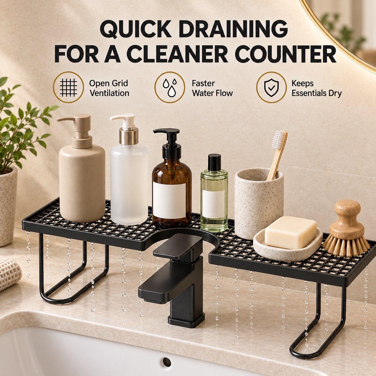 Open-grid sink organizer allowing fast drainage and ventilation to help keep essentials dry