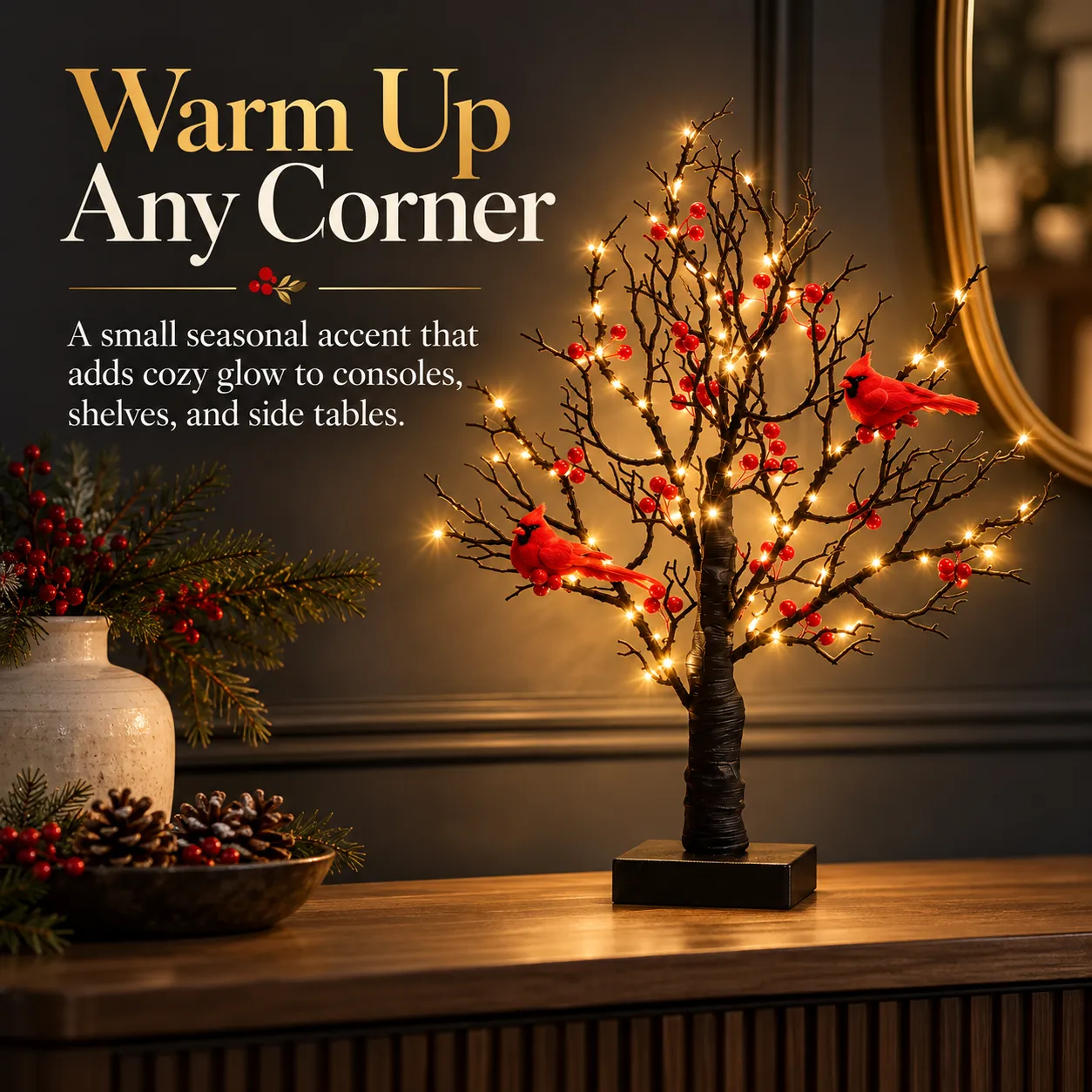 Cardinal tree light with red cardinals and warm lights