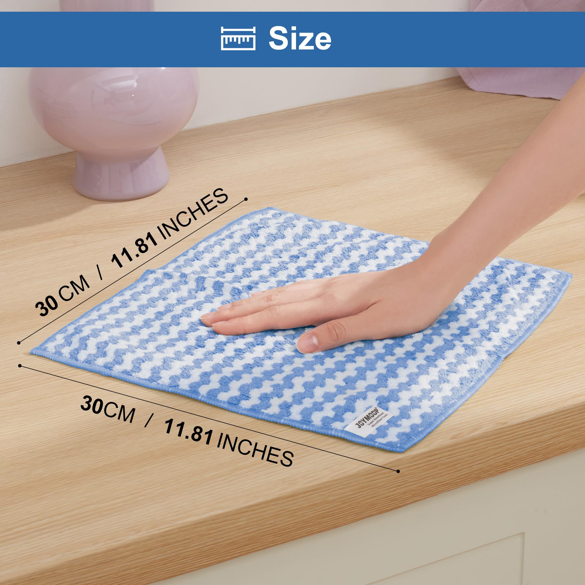 Hand placing on a blue microfiber cloth showing 30cm by 30cm dimensions
