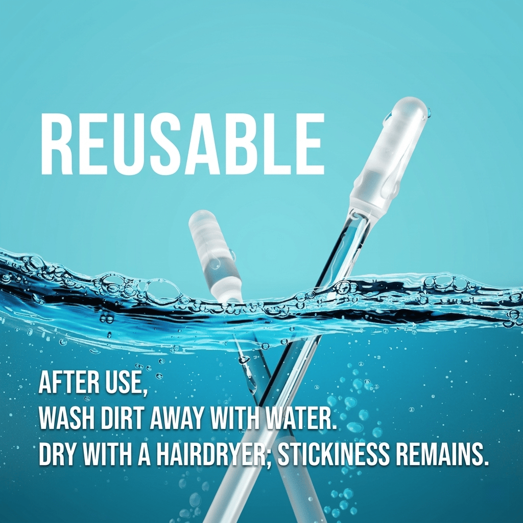 Washable reusable sticky-tip cleaning sticks being rinsed with water