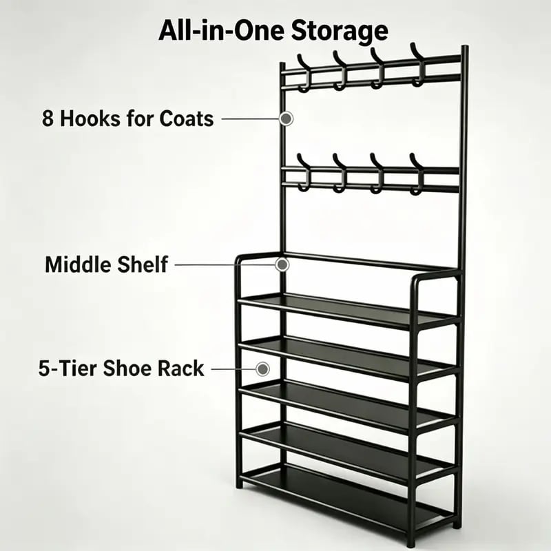 All-in-one storage rack with 8 coat hooks, middle shelf and 5-tier shoe rack