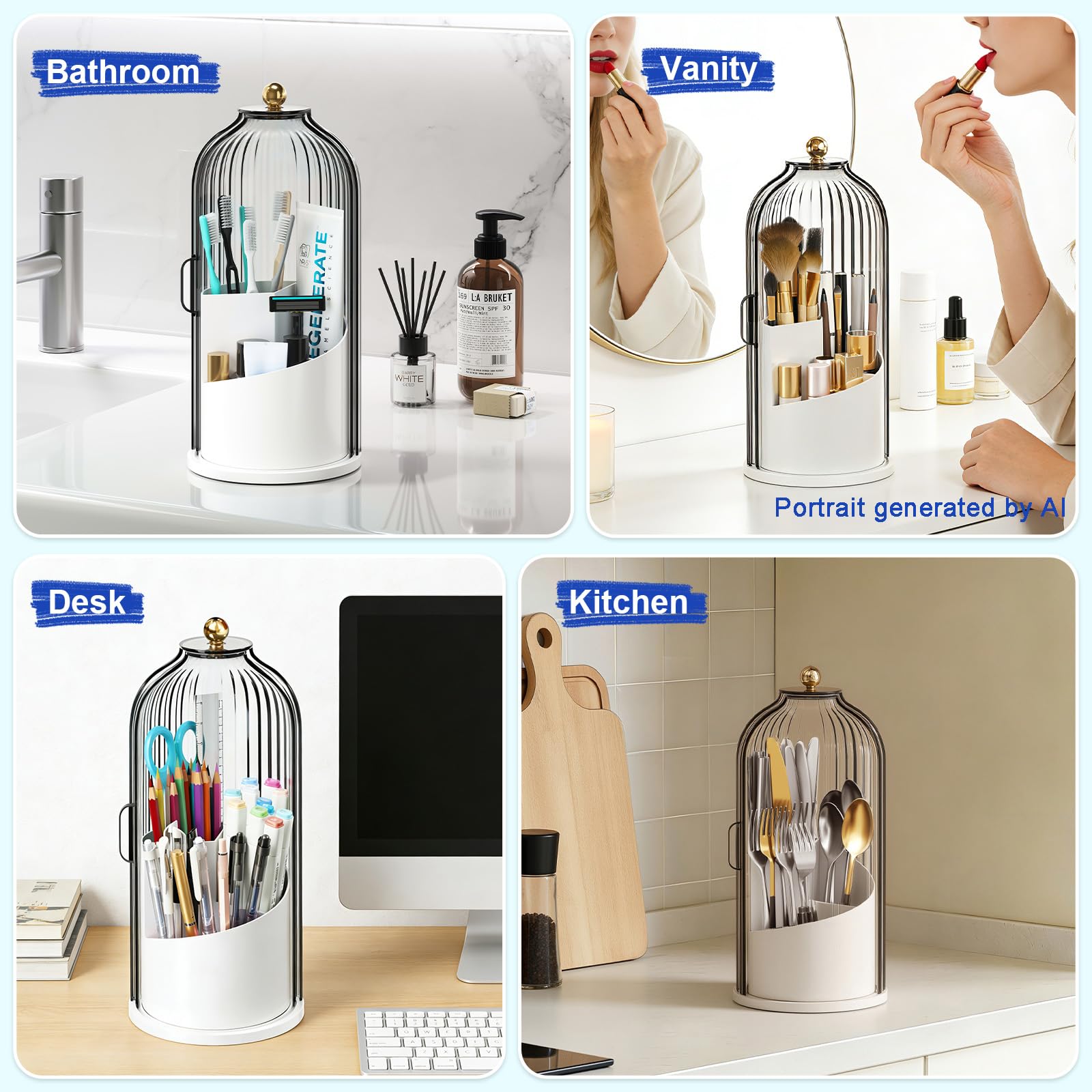 Rotating covered organizer used in bathroom vanity desk and kitchen settings