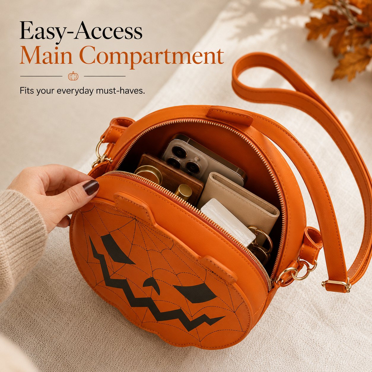 Open orange pumpkin handbag showing its zippered main compartment with everyday essentials