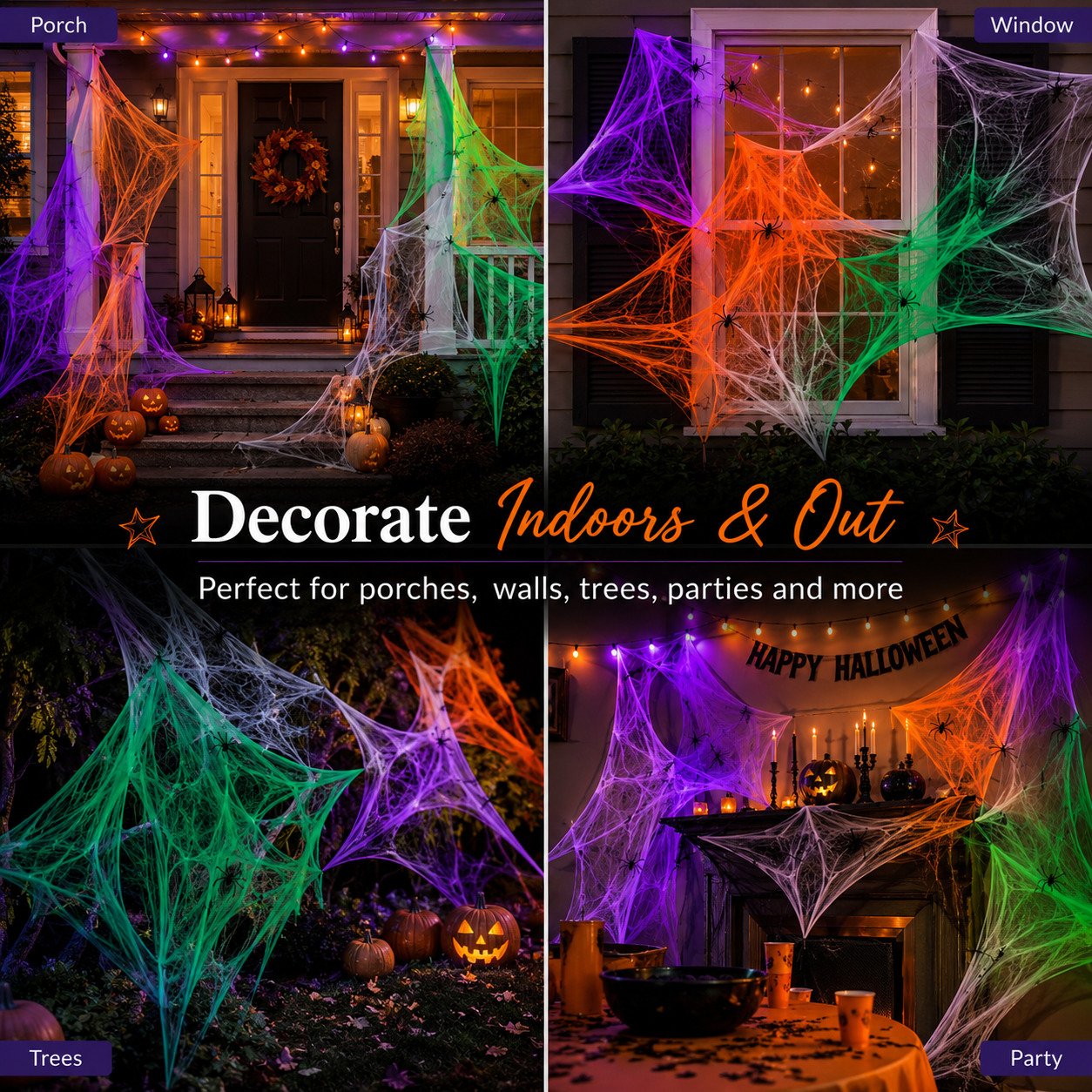 Halloween spider webs decorating porch window trees and party areas