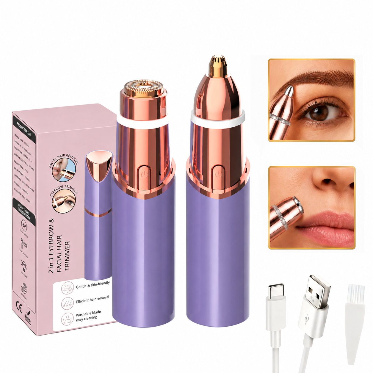 Violet 2-in-1 rechargeable eyebrow and facial hair trimmer set with accessories