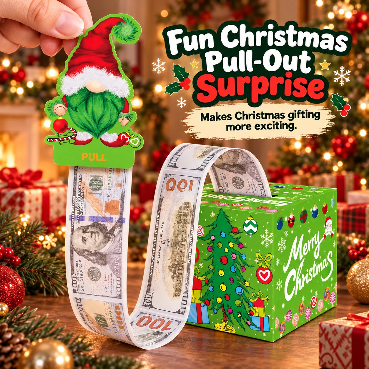 Green Christmas pull box with festive pull tab