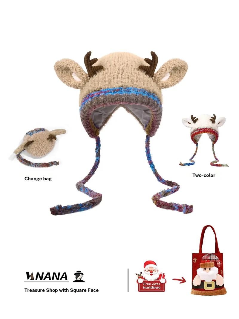 Original design Festive Christmas Antler Hat (It can be used as a handbag，A hat has multiple uses.)Knitted Ear Protection Windproof Warm Hat Suitable for the family It can be worn by adults and children, without limiting the circumference of the head
