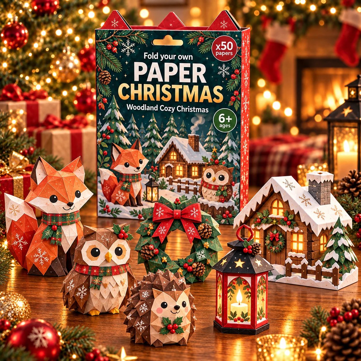 Five Paper Christmas themed kits with finished folded crafts