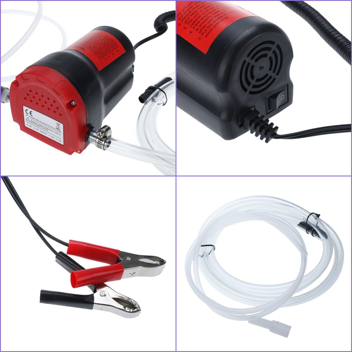 Close-up details of the pump housing, power switch, battery clamps and clear transfer hoses