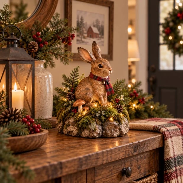 Woodland rabbit displayed on a rustic entryway console