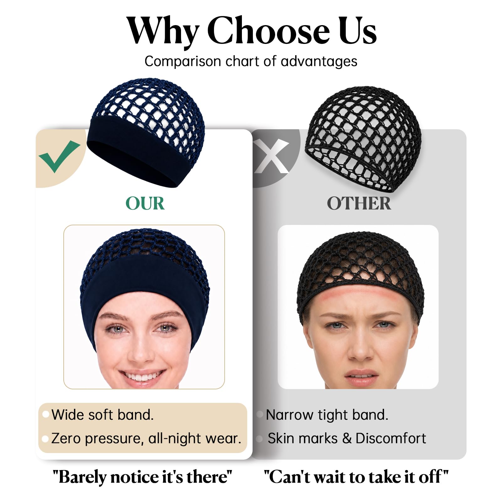 Comfort comparison showing a navy crochet hair net with a wide soft band beside a narrow-band hair net