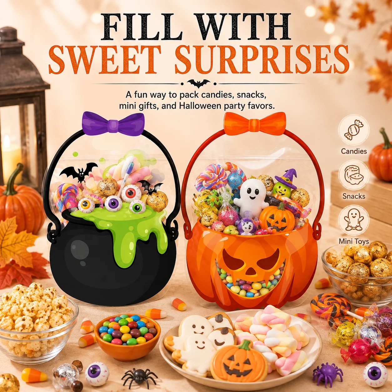 Halloween treat bag filled with candy cookies snacks and gifts