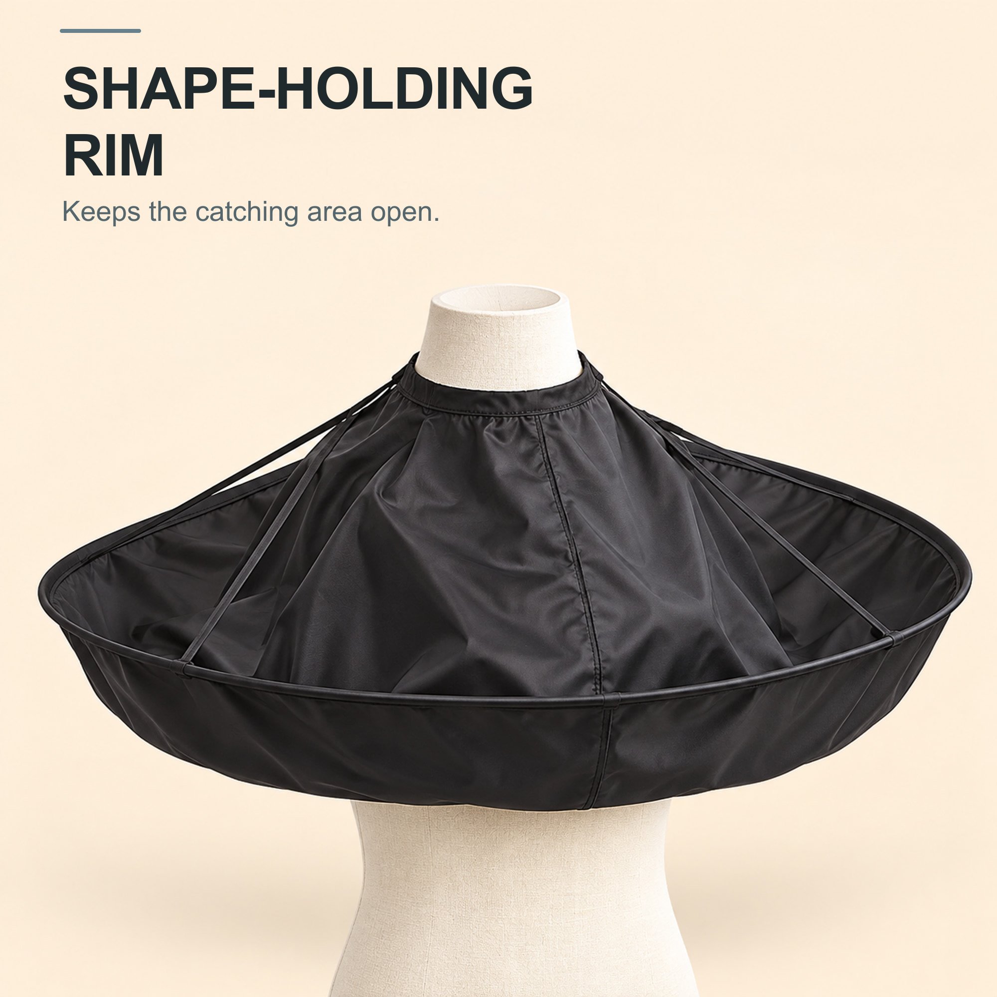 Black hair catcher cape with shape-holding supported rim