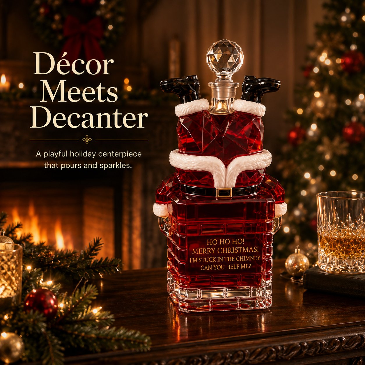 Christmas Santa chimney decanter styled as a holiday centerpiece