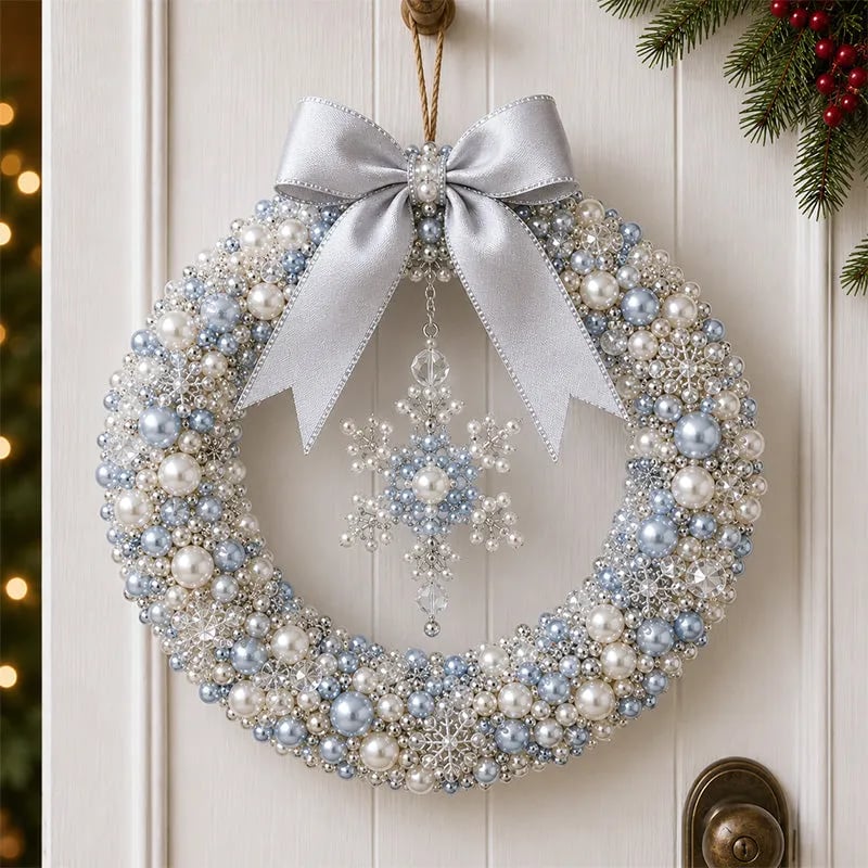 Finished Winter Snowflake pearl wreath displayed on a front door