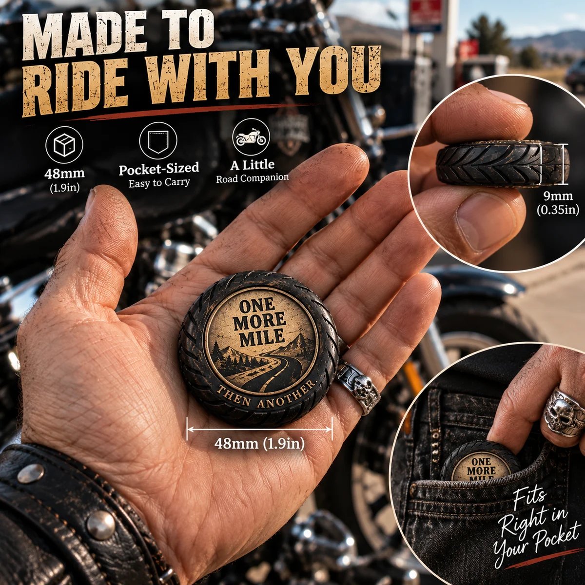 One More Mile rider pocket hug shown in a hand with size measurements