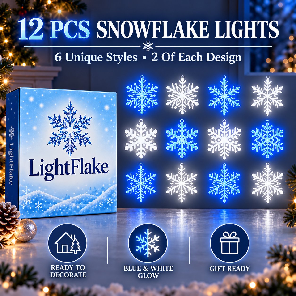 12 piece snowflake light set with six styles and packaging