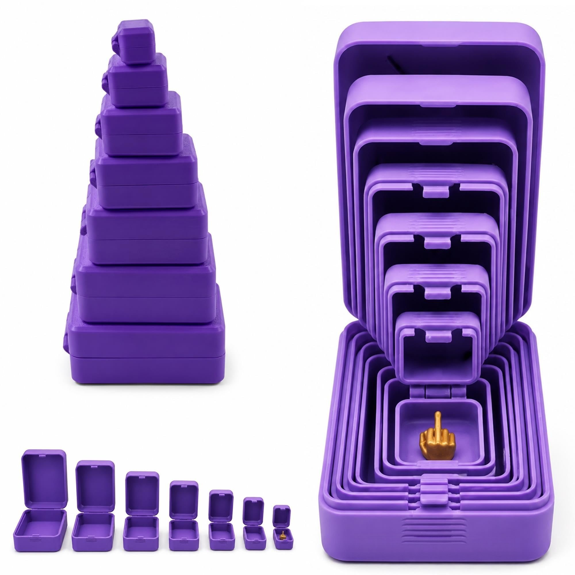 Purple seven-piece nesting prank box set shown stacked, open and nested