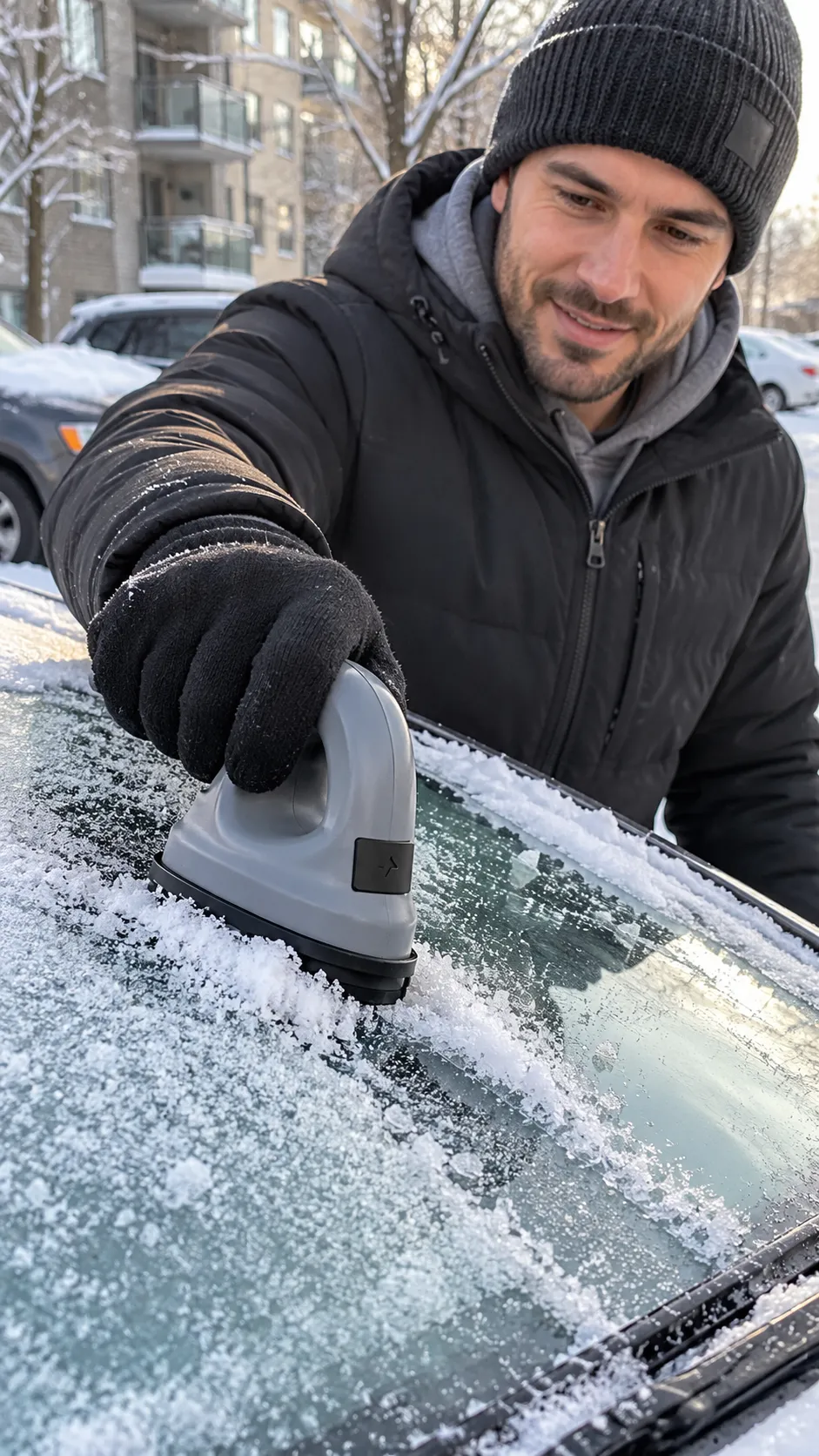 Gray Electric Snow Scraper clearing frost from car windshield