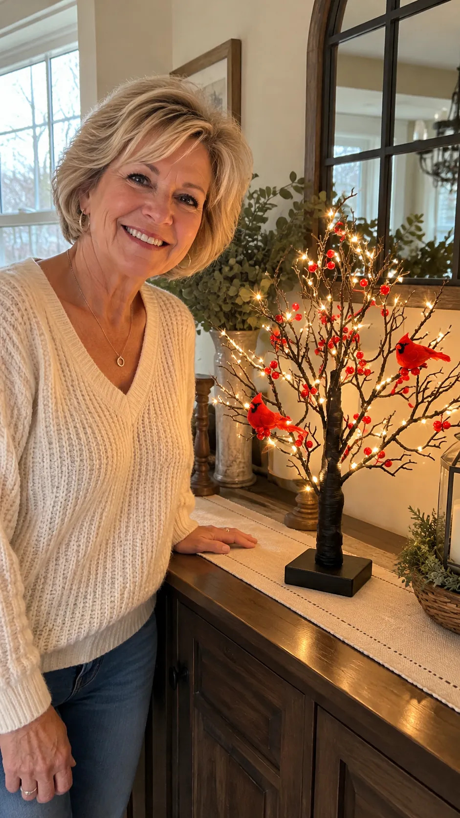 Cardinal tree light in a bright home setting