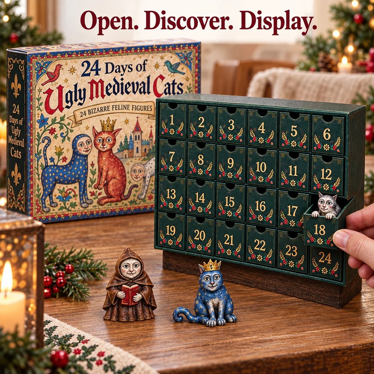 A hand opening a numbered drawer in the medieval cat calendar