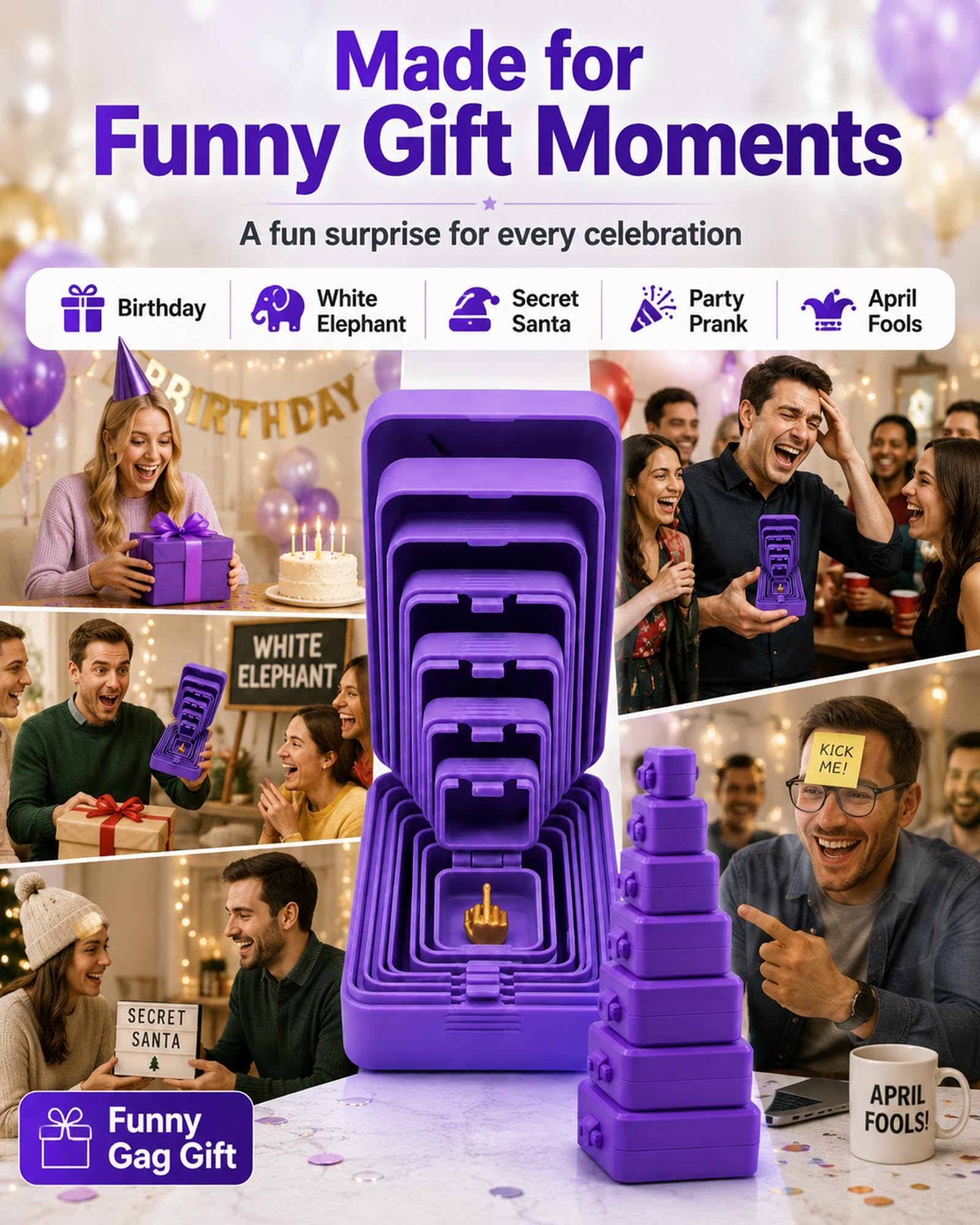 Seven-layer funny gift box used at birthdays, White Elephant, Secret Santa, parties and April Fools celebrations