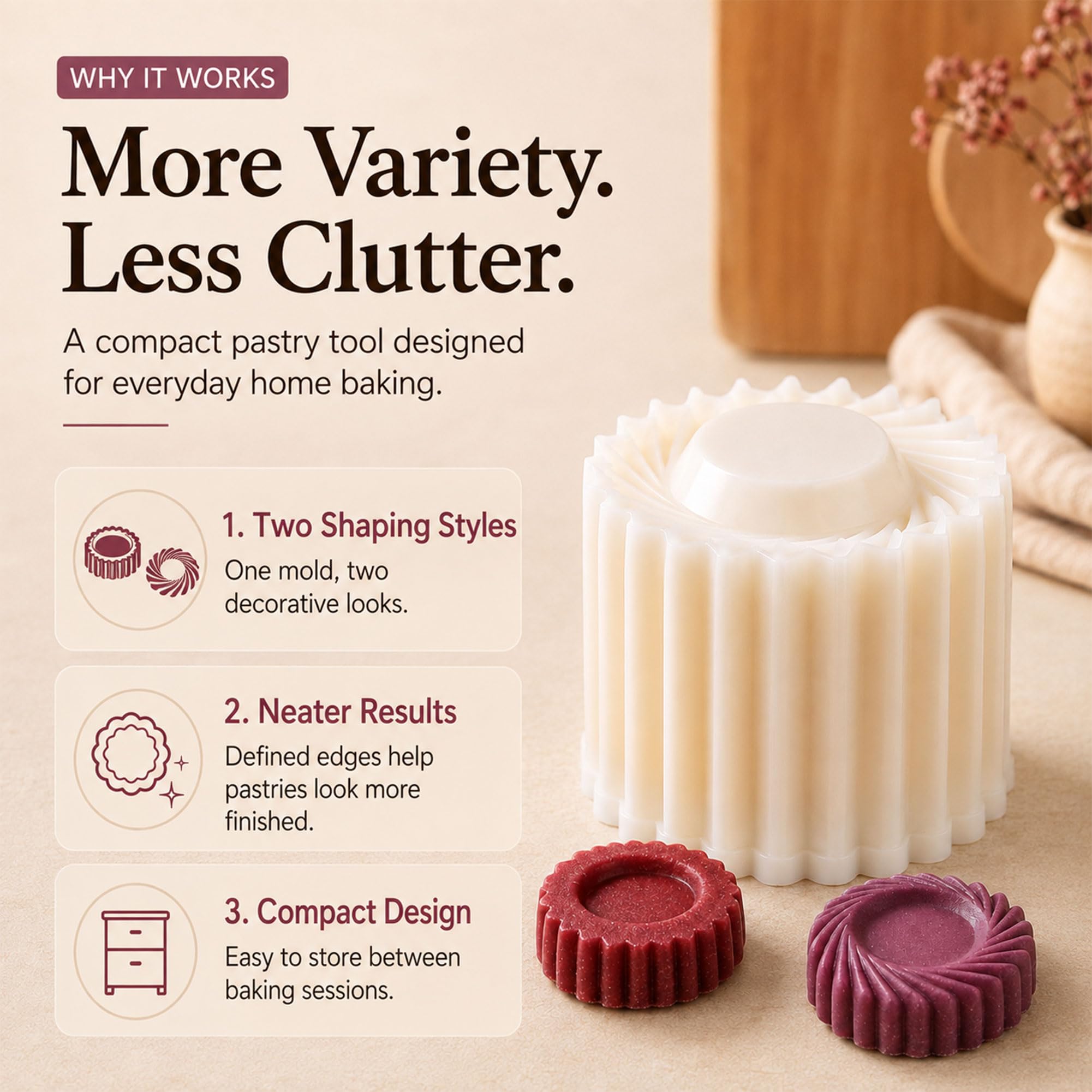 Double-ended pastry mold benefits including two styles neat edges and compact storage