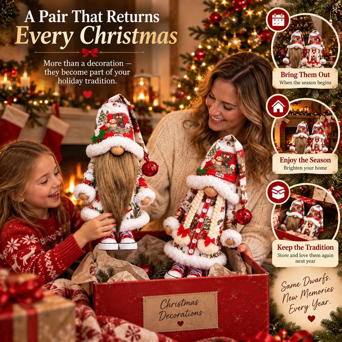 Mother and child enjoying the Christmas gnomes while unpacking holiday decorations