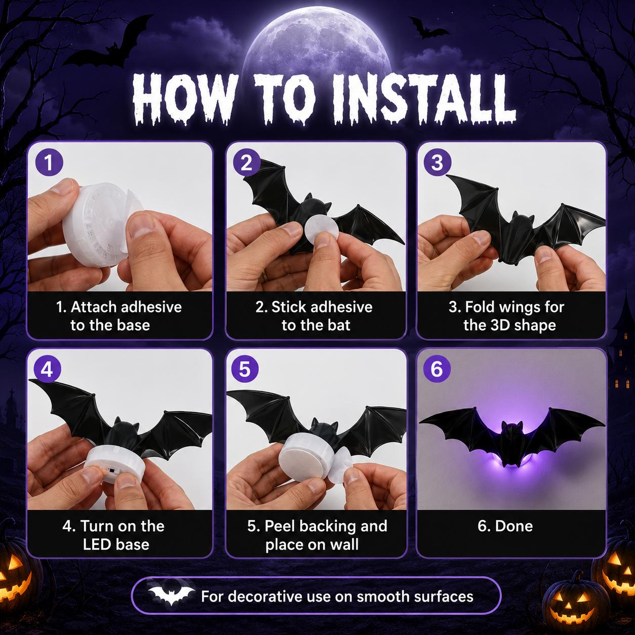 Battery powered Halloween LED bat decorations without power cables