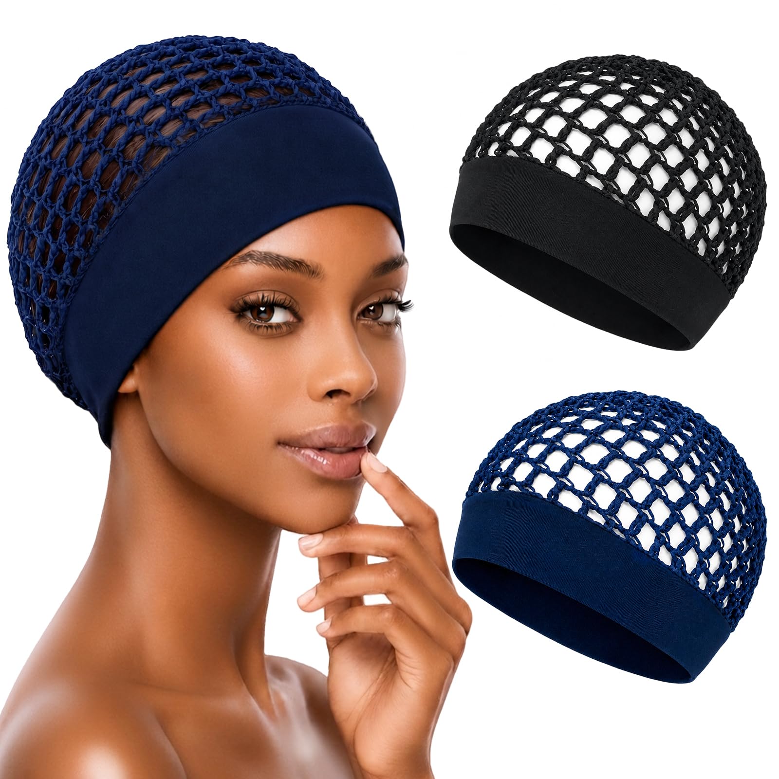 Black and navy blue two-pack of crochet sleep caps with a model wearing the navy blue cap