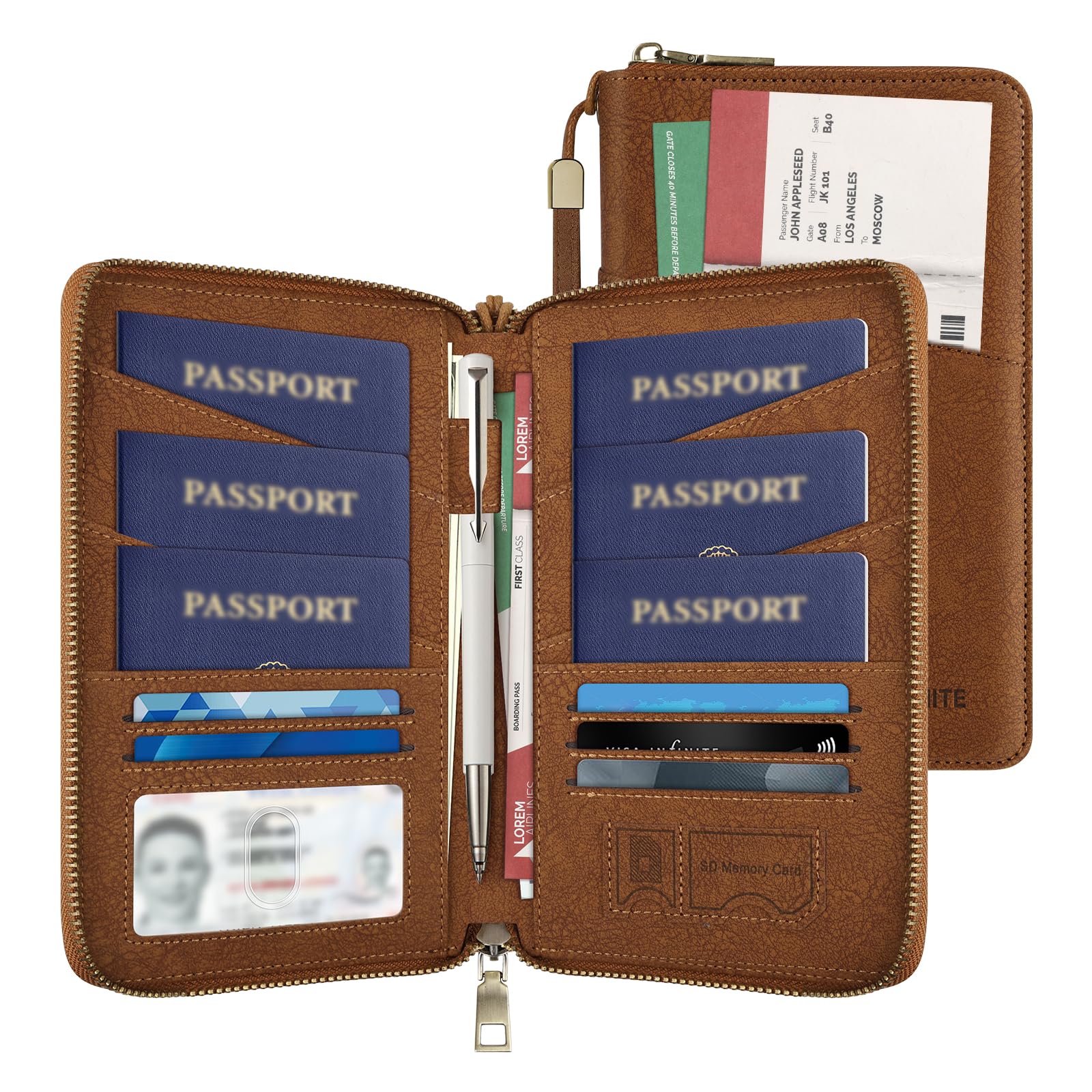 Open brown family passport wallet with passport pockets, card slots, an ID window and a central pen holder