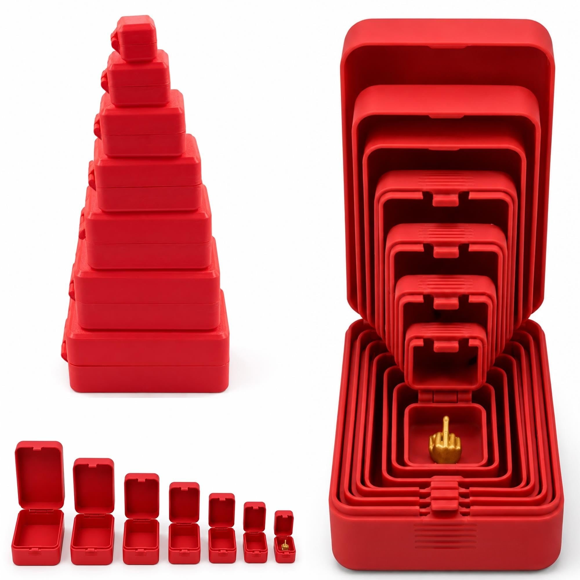 Red seven-piece nesting prank box set shown stacked, open and nested