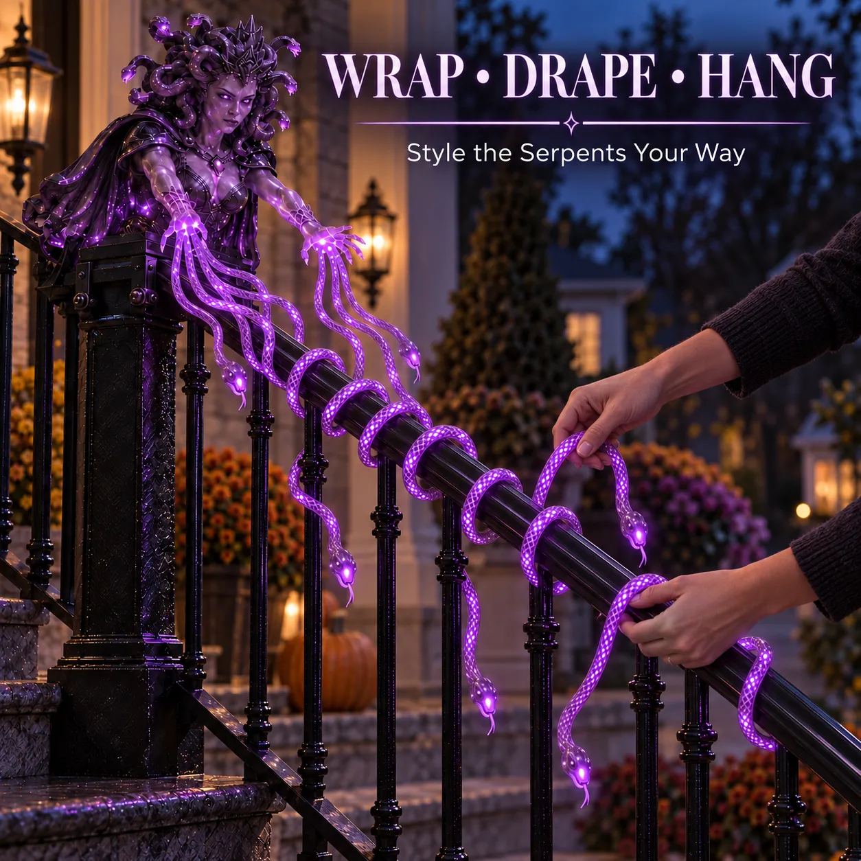 Flexible glowing snake strands on railing