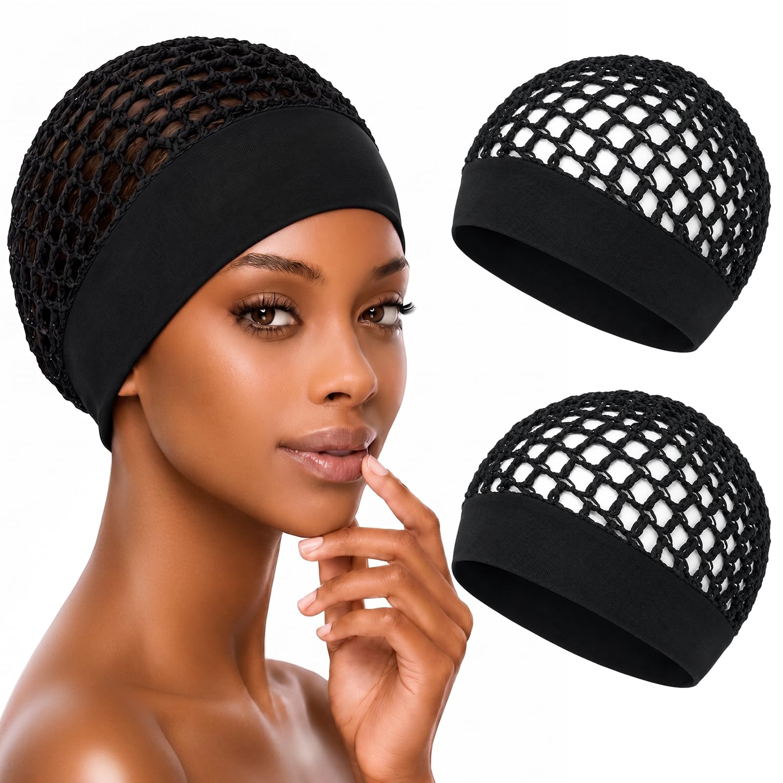 Woman wearing a black crochet hair net beside a two-pack of black sleep caps with wide soft bands