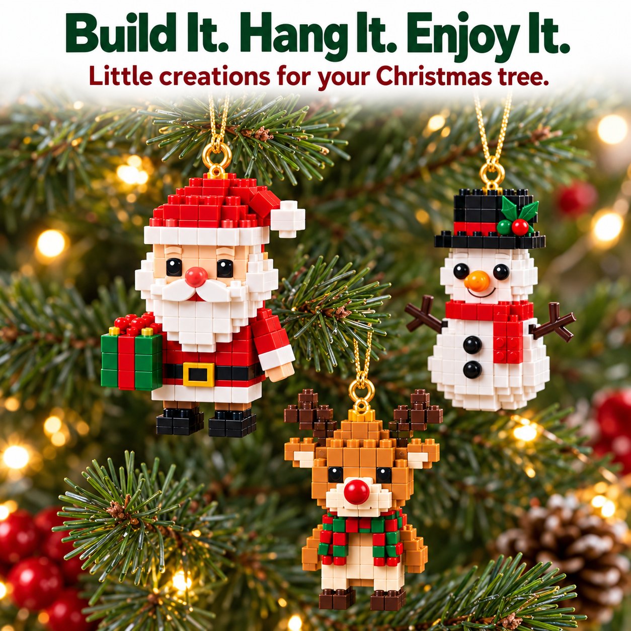 Santa, snowman and reindeer brick ornaments hanging on a Christmas tree