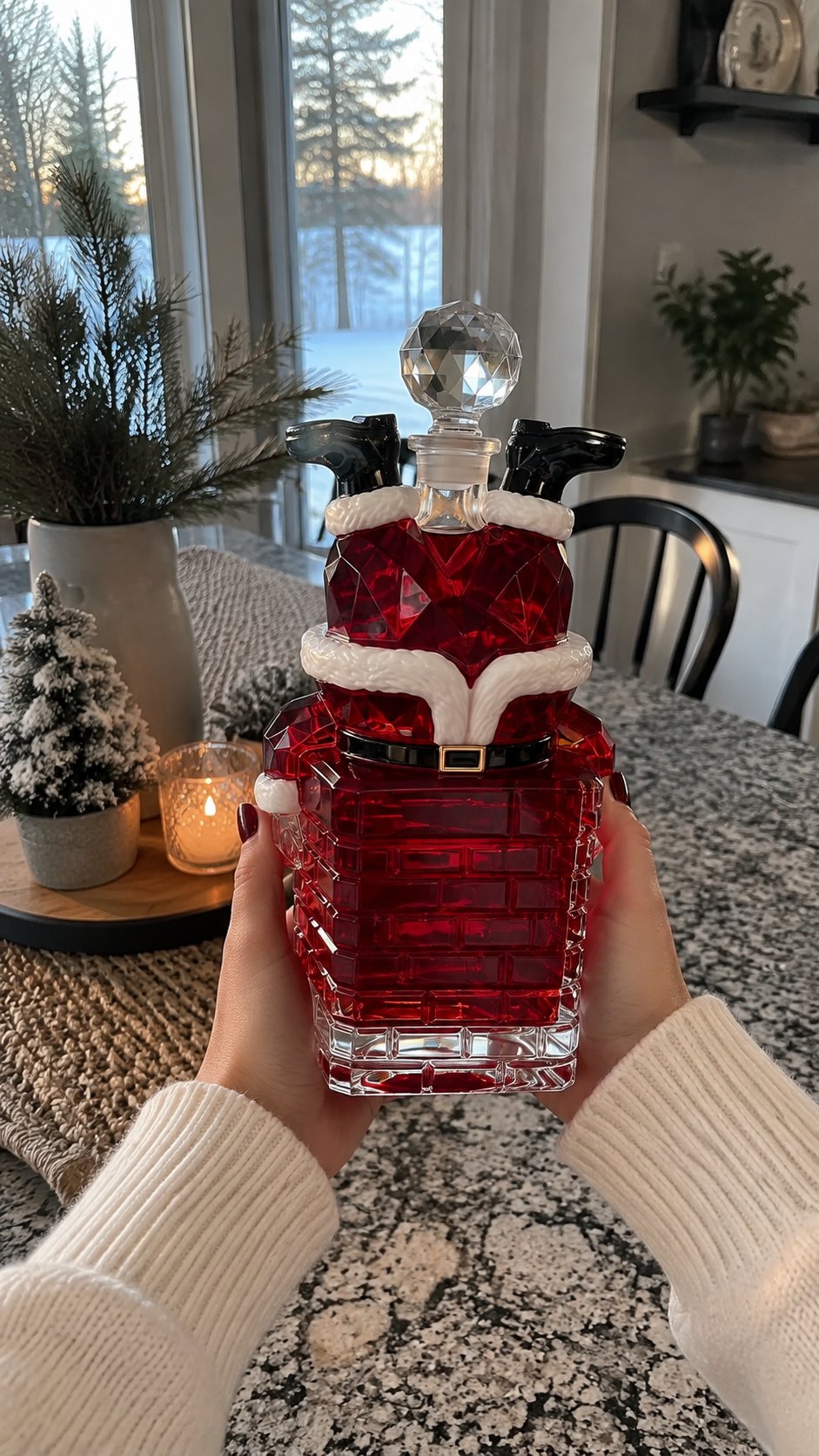 Vertical lifestyle view of the Santa Christmas decanter held in a bright winter kitchen
