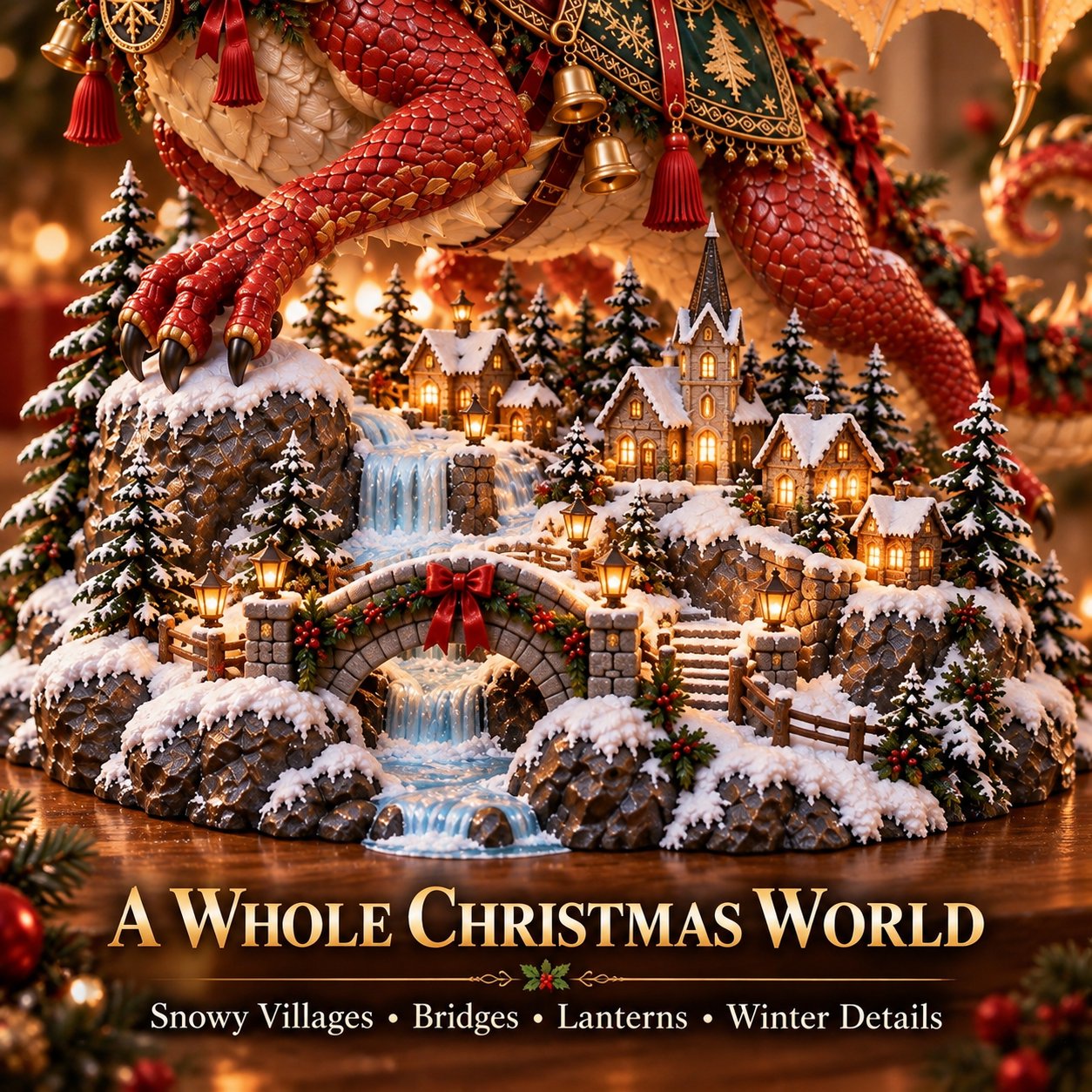 Miniature Christmas village beneath a fantasy dragon