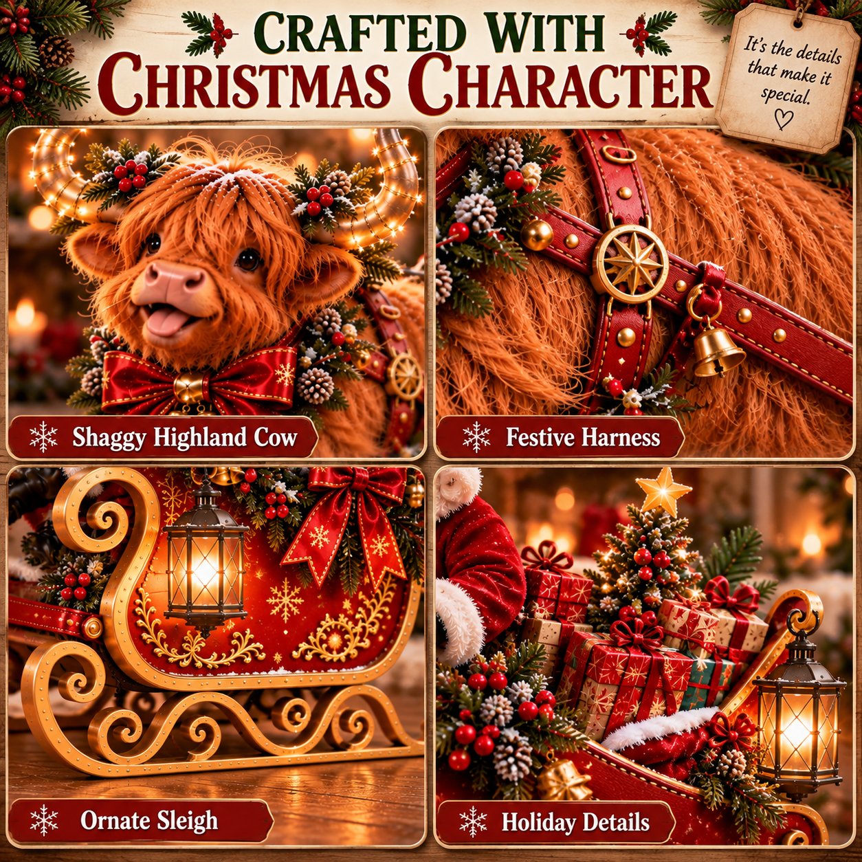 Highland cow sleigh festive Christmas details