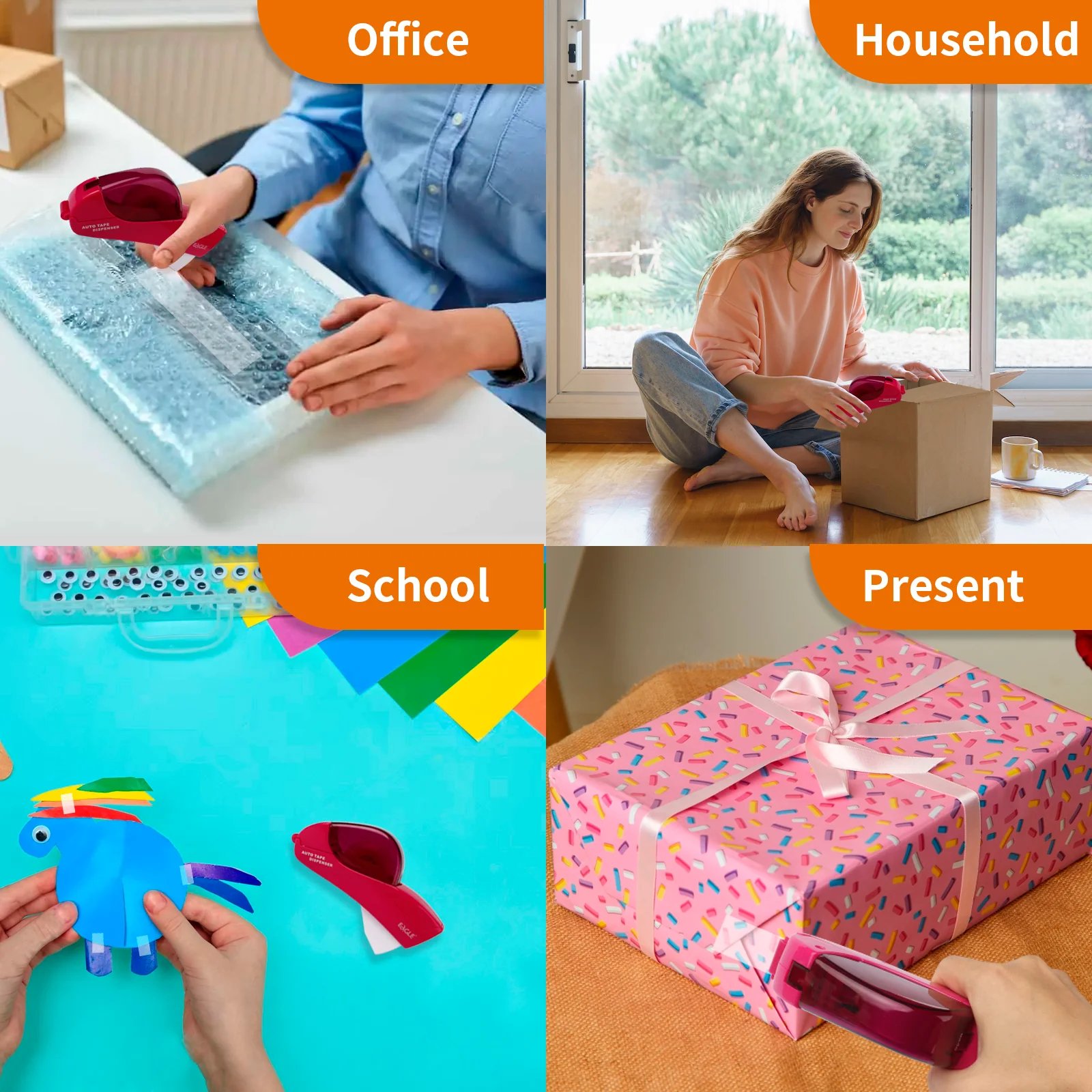Tape dispenser for wrapping packing crafting and office use