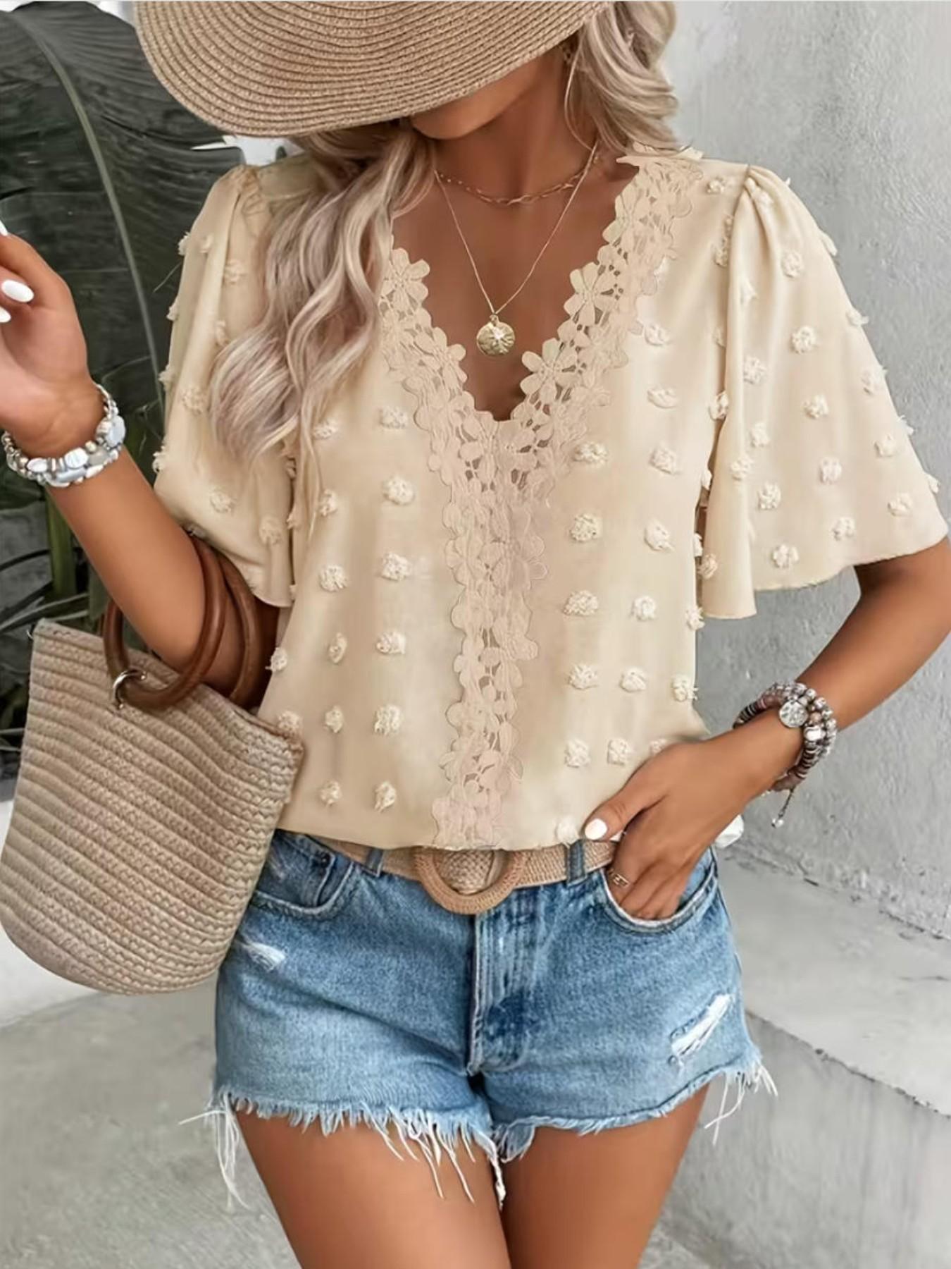 Elegant Swiss Dot Lace Butterfly Sleeve Shirt, Long Sleeve Commuter Top, Loose Fit Casual Summer Blouse for Women Elegant Swiss Dot Lace Butterfly Sleeve Shirt, Long Sleeve Commuter Top, Loose Fit Casual Summer Blouse for Women